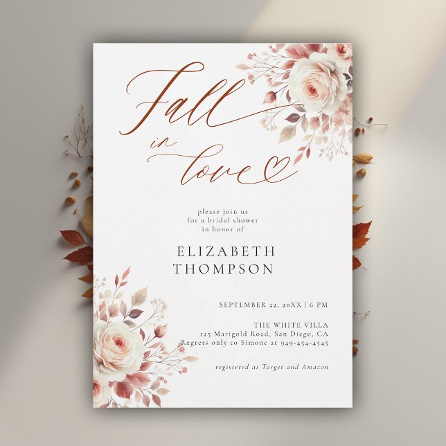 Invitation Fall in Love Terracotta Roses Fête des mariées rus (fall in love bridal shower invitation rose botanical foliage leaf watercolor elegant modern rustic)