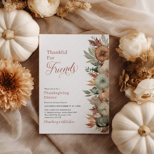 Invitation Fall Leave Thanksgiving Dinner Rustic Pumpkin  (Thankful for friends! Pumpkin Thanksgiving Dinner Invitation)