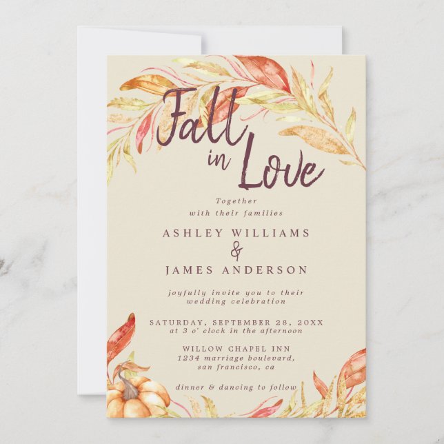 Invitation Fall Love Golden Foliage Antique Mariage blanc (Devant)
