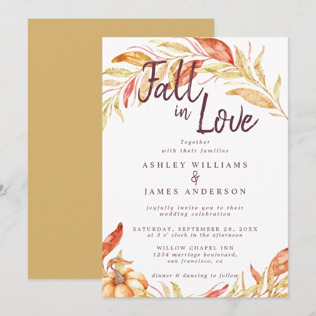 Invitation Fall Love Golden Foliage Automne Jaune Mariage (Devant / Derrière)