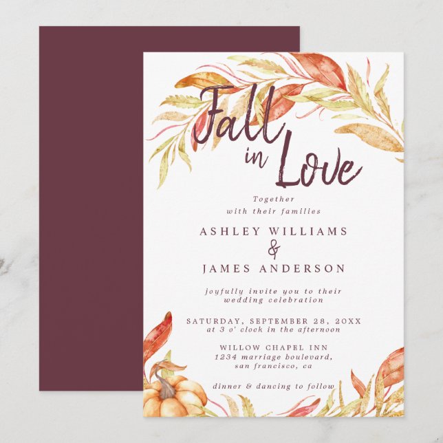 Invitation Fall Love Golden Foliage Automne Mariage Bourgogne (Devant / Derrière)