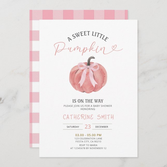 Invitation Fall Pink Bow Pumpkin Baby Shower  (Devant / Derrière)