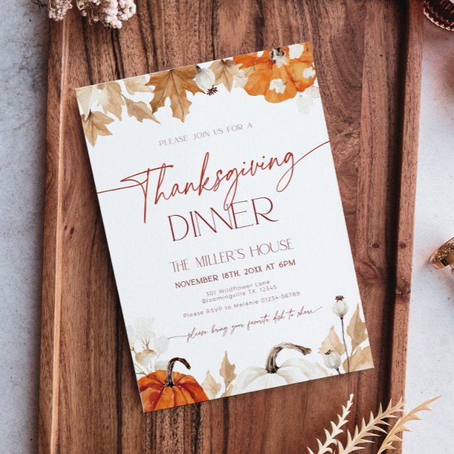 Invitation Fall Pumpkins and Leaves Thanksgiving Dinner  (Thanksgiving invitation with fall leaves and pumpkins)