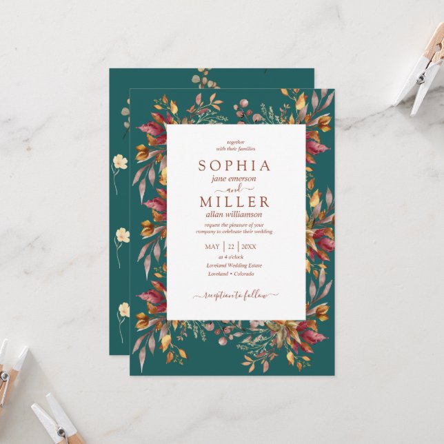 Invitation Fall Teal Watercolor Terracotta  Floral wedding (Devant/Arrière en situation)