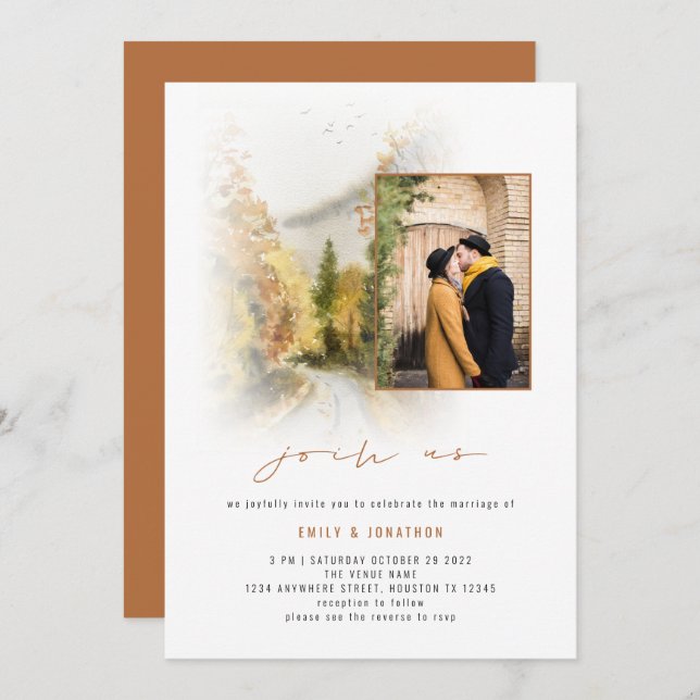 Invitation Fall Trees Photo QR Rejoignez-nous Mariage en terr (Devant / Derrière)