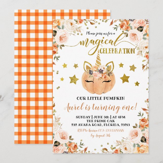 Invitation Fall Unicorn Citrouille Girl Anniversaire Invitati (Devant / Derrière)