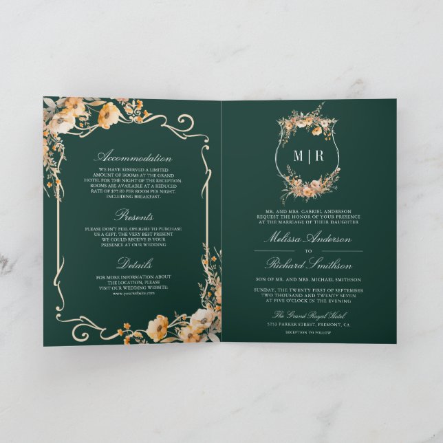 Invitation Fall Wildflower Crest Emerald QR Code Wedding (Intérieur)