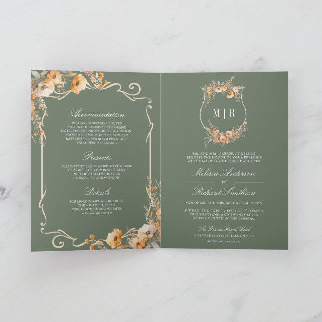 Invitation Fall Wildflower Crest Sage Green QR Code Wedding (Intérieur)