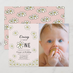 Invitation Falling Daisies Floral Pink Photo 1er anniversaire