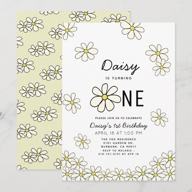 Invitation Falling Daisys Blanc Floral 1er anniversaire (Devant / Derrière)