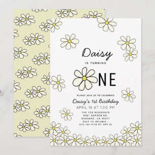 Invitation Falling Daisys Blanc Floral 1er anniversaire