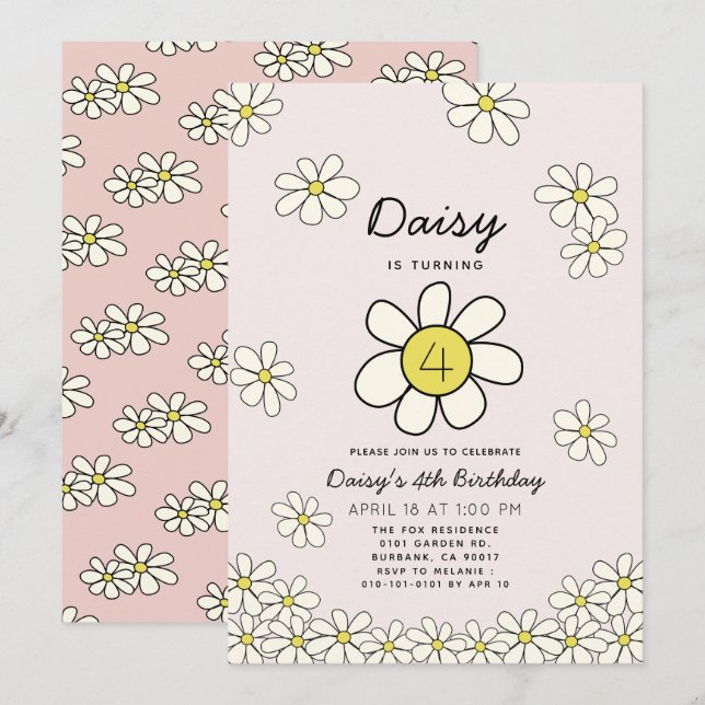 Invitation Falling Daisys Rose Floral Anniversaire (Devant / Derrière)
