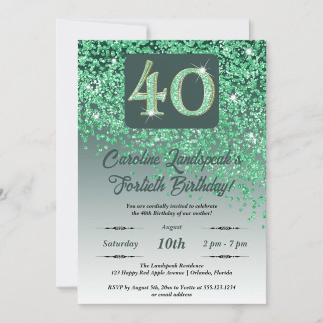 Invitation Falling Green Parties scintillant 40th Birthday Pa (Devant)