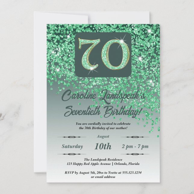 Invitation Falling Green Parties scintillant 70th Birthday Pa (Devant)