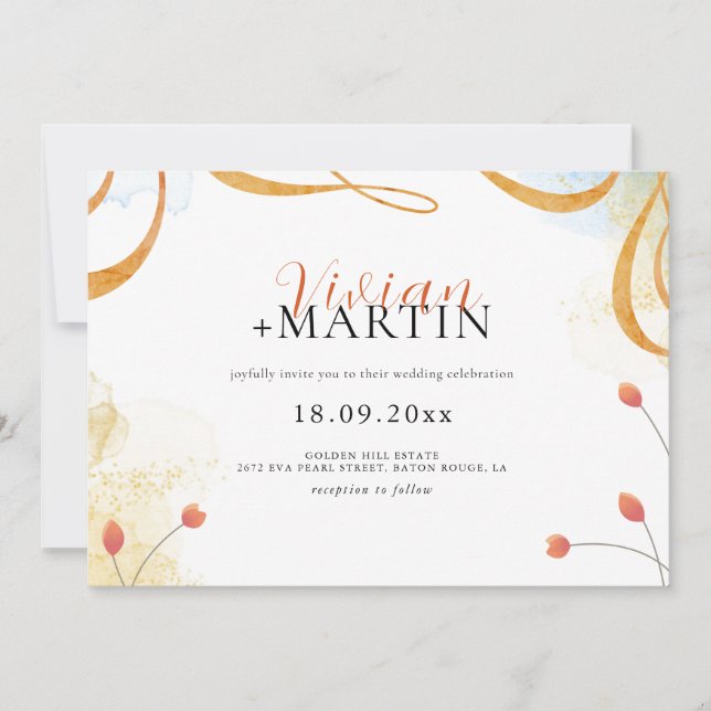 Invitation Falling Melody Poetic Aquarelle Mariage Floral (Devant)