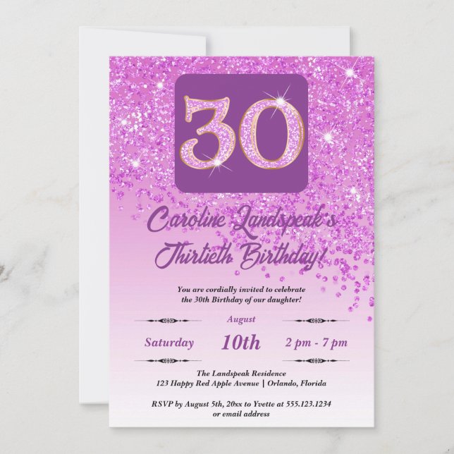 Invitation Falling Pink Parties scintillant 30e anniversaire (Devant)