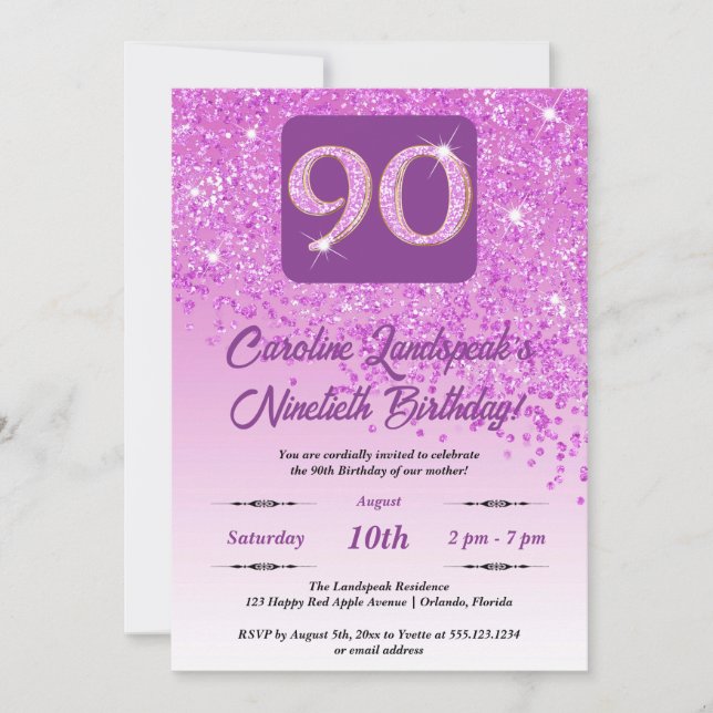 Invitation Falling Pink Parties scintillant 90th Birthday Par (Devant)