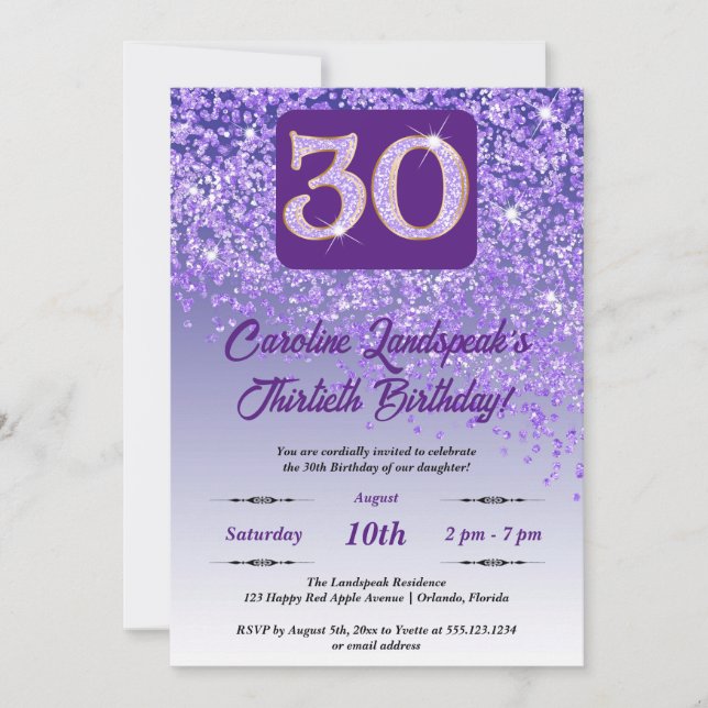 Invitation Falling Purple Parties scintillant 30th Birthday P (Devant)