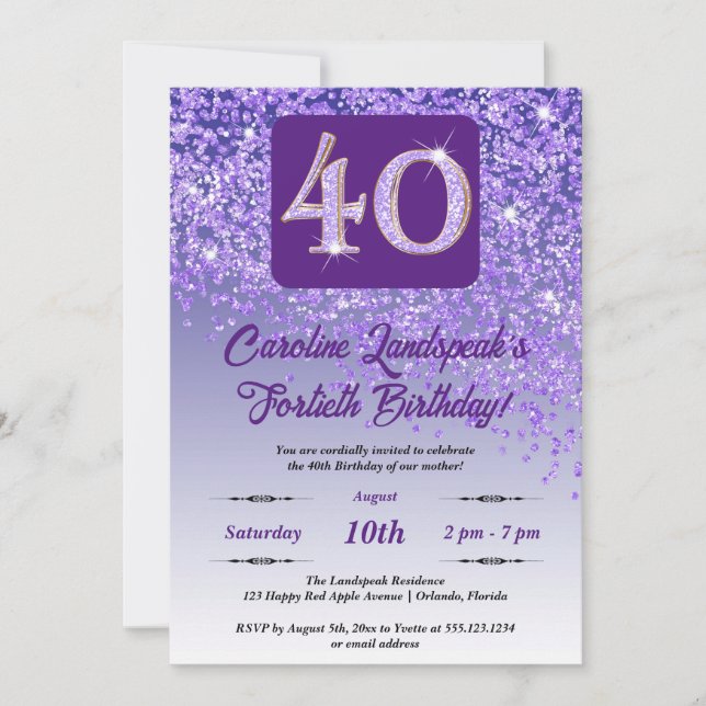 Invitation Falling Purple Parties scintillant 40th Birthday P (Devant)