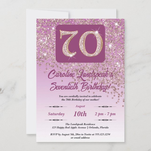Invitation Falling Rose Gold Parties scintillant 70th Birthda (Devant)