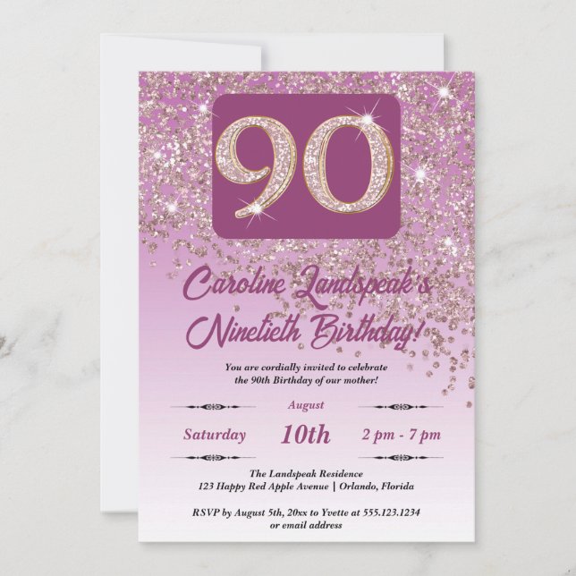 Invitation Falling Rose Gold Parties scintillant 90th Birthda (Devant)