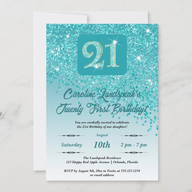 Invitation Falling Turquoise Blue Parties scintillant 21st Bi (Devant)
