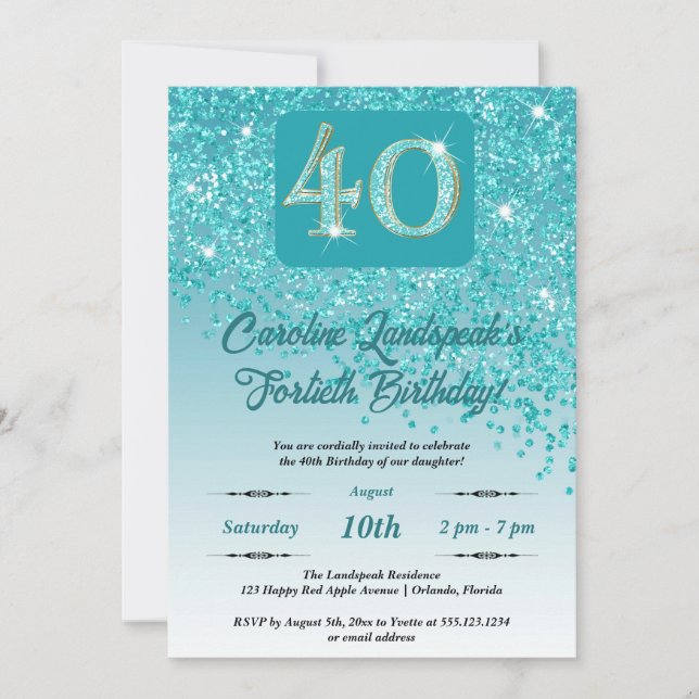 Invitation Falling Turquoise Blue Parties scintillant 40th Bi (Devant)