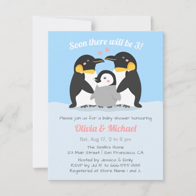 Invitation Famille De Pingouins D'Hiver De Trois Baby showers (Devant)