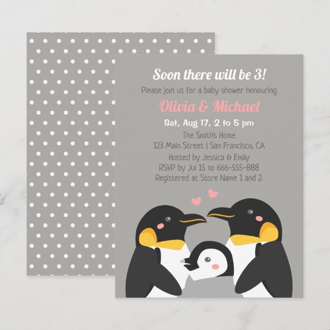 Invitation Famille Penguin De Trois Baby showers Gris (Devant / Derrière)