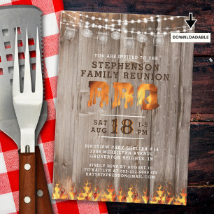 Invitation Famille Réunion BBQ Rustique Bois Chaîne Lumières