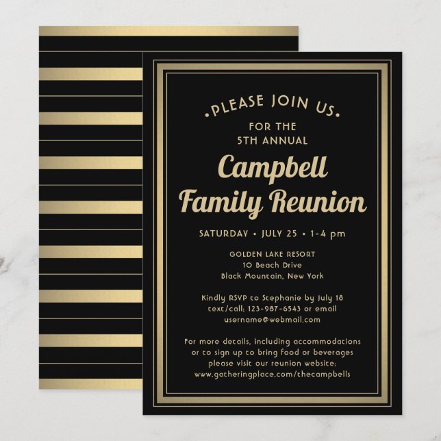 Invitation Famille Réunion Elégante Noir et Or Bordée (Devant / Derrière)