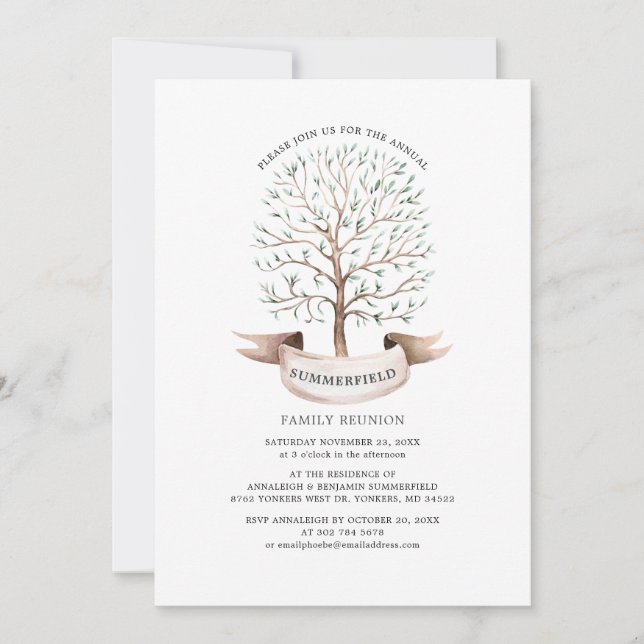 Invitation Famille Réunion Généalogie Arbre Aquarelle Moderne (Devant)