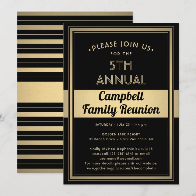 Invitation Famille Reunion Stylé Typographie Noir et Or (Devant / Derrière)