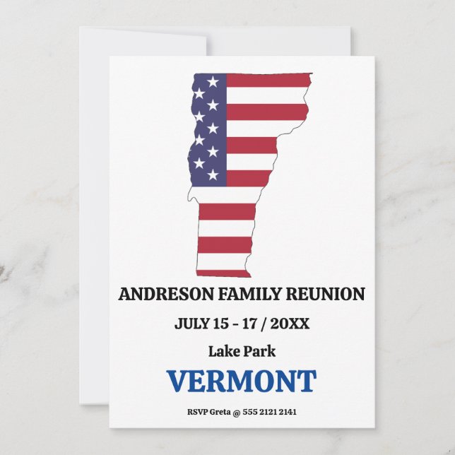 Invitation Famille Réunion 🎉 VERMONT State Map USA Drapeau (Devant)