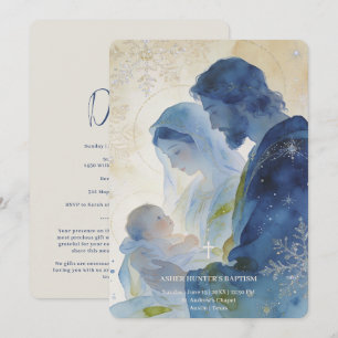 Invitation Famille Sainte Élégante Bleue Baptême Chrétien LPM