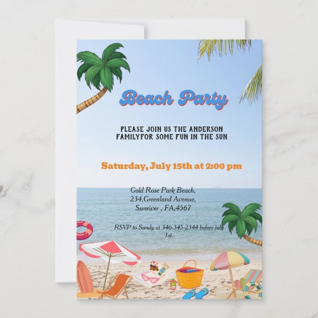 Invitation Family Beach party, fête d'été à la plage (Devant)