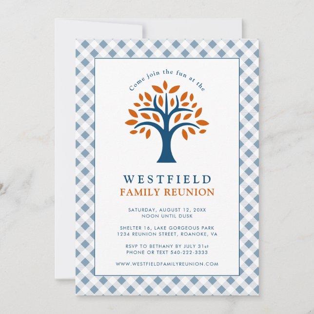 Invitation Family Reunion Blue Check Modern Family Tree (Devant)