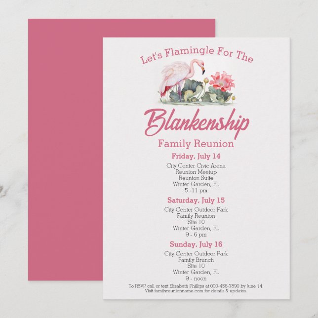 Invitation Family Reunion Flamant rose Art Trois Jours Événem (Devant / Derrière)