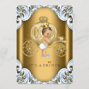 Invitation Fancy Baby Shower Prince Bleu et Or Carrosse