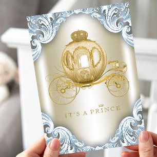 Invitation Fancy Baby Shower Prince Bleu et Or Carrosse