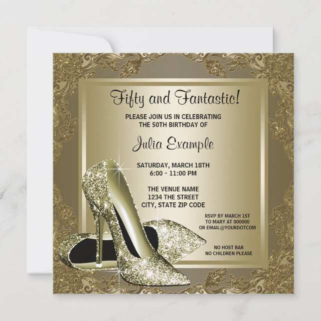 Invitation Fancy Black Gold High talon femmes fête d'annivers (Devant)
