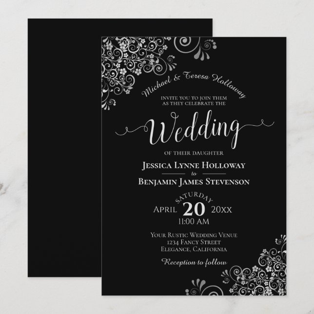 Invitation Fancy Black & Silver Élégant Mariage formel (Devant / Derrière)