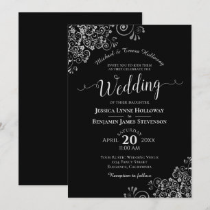 Invitation Fancy Black & Silver Élégant Mariage formel