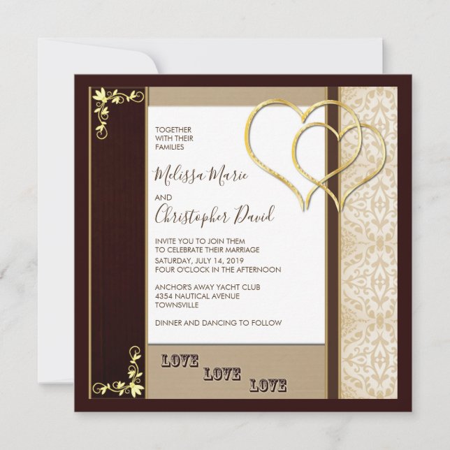 Invitation Fancy Brown et Mariage or avec Coeurs (Devant)