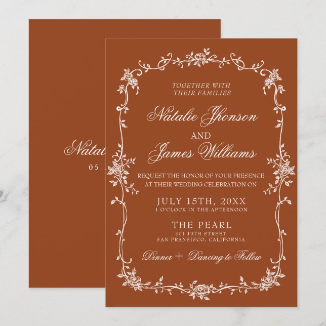 Invitation Fancy Burnt Orange Floral Boho Terracotta Wedding (Devant / Derrière)