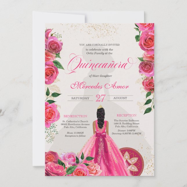Invitation Fancy Charra Rose Gold Roses Pays Quinceanera (Devant)