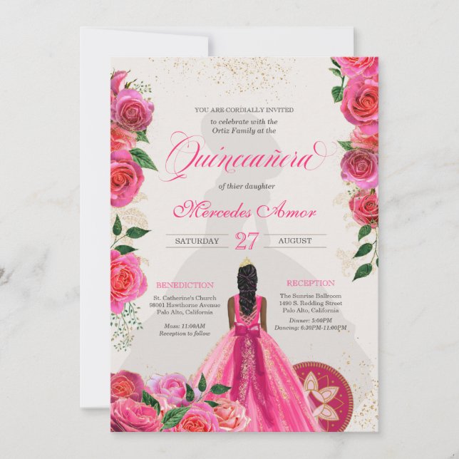 Invitation Fancy Charra rose or Roses Pays Quinceanera I (Devant)