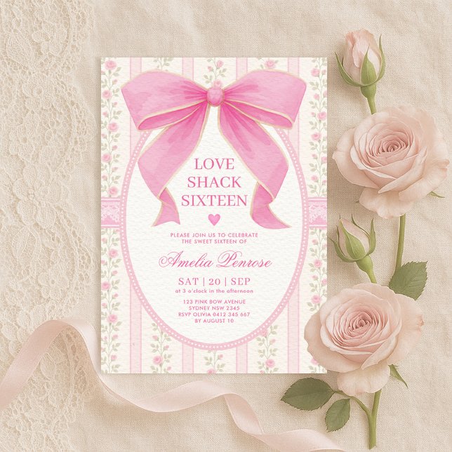Invitation Fancy Coquette Sweet 16 Rose Bow Anniversaire (Créateur téléchargé)