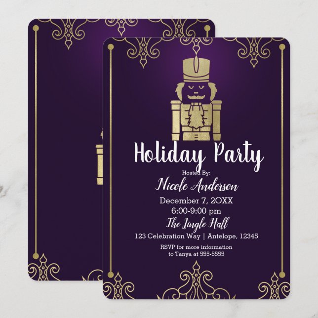 Invitation Fancy Elegant Gold Purple Nutcracker Fête de vacan (Devant / Derrière)