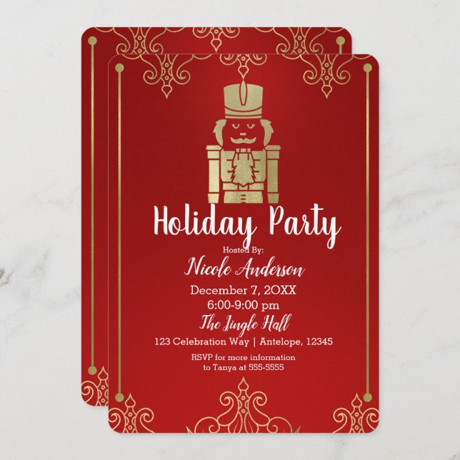 Invitation Fancy Elegant Gold & Red Nutcracker Holiday Party (Devant / Derrière)